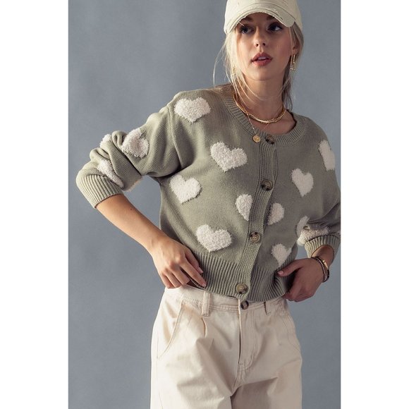 NEW Sage Green Fuzzy Hearts Long Sleeves Button Front Sweater Knit Crop Cardigan - Picture 4 of 11